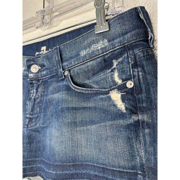 7 For All Mankind Dark Blue Distressed Low Rise Raw Hem Jean Shorts 29 - Picture 3 of 14